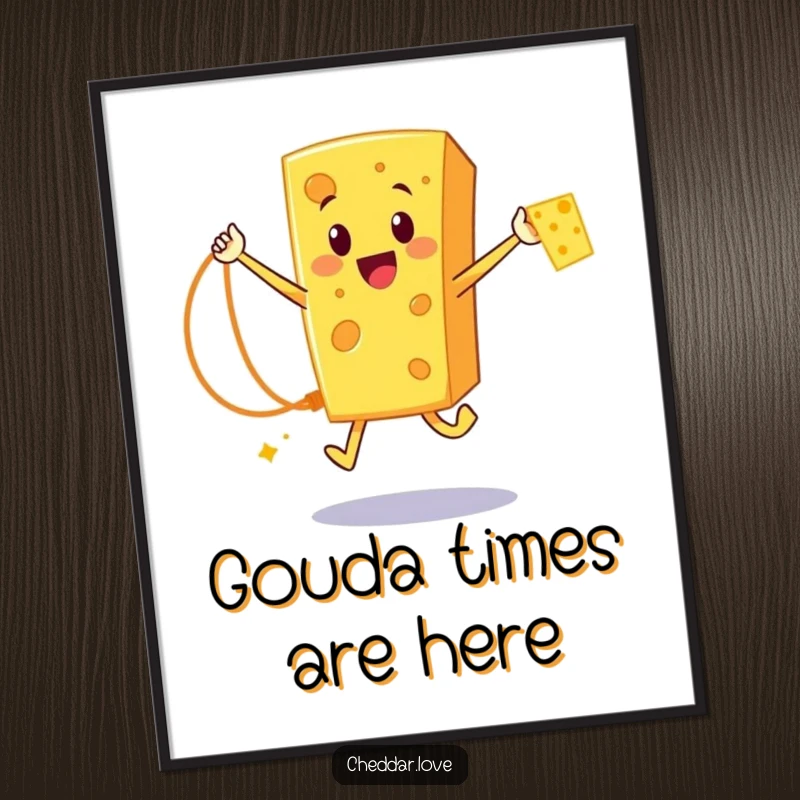 Funny Free Printable Wall Art: Cheerful cheddar cheese character energetically jumping rope with a strand of cheese.