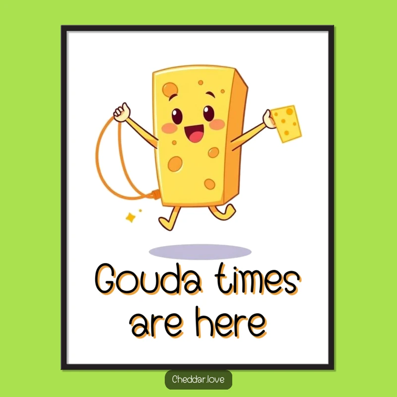 Funny Free Printable Wall Art: Cheesy Cheddar Character Rope Skipping, Downloadable Decor