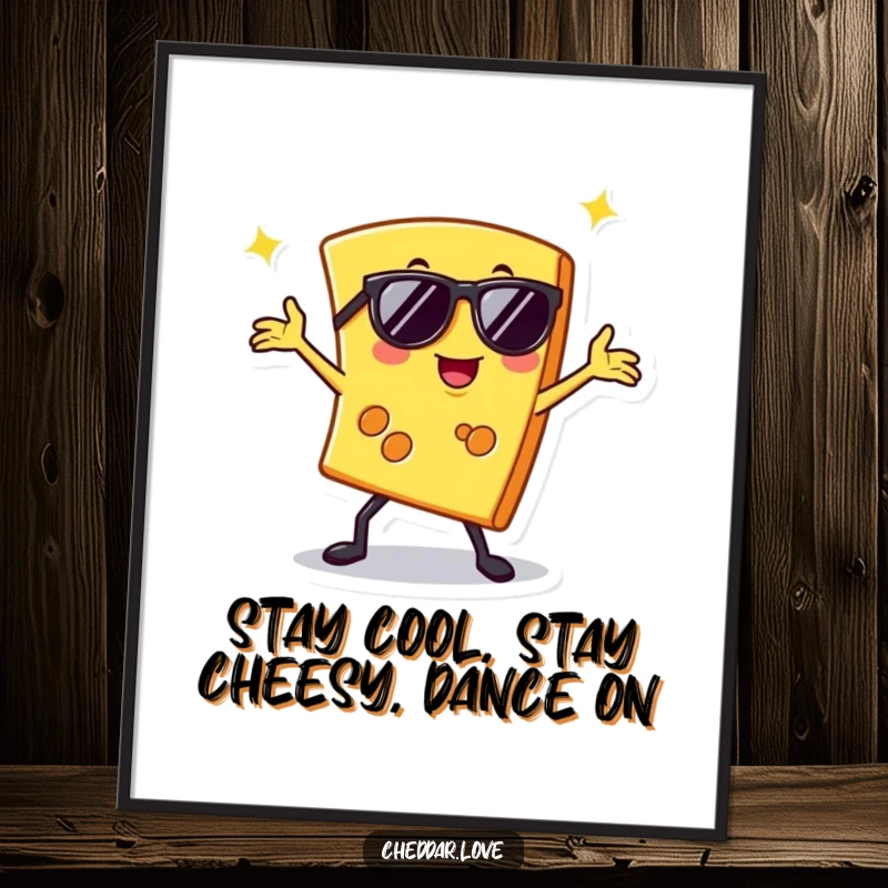 Funny Free Printable Wall Art of a cheese slice in sunglasses dancing, perfect for humorous DIY decor.