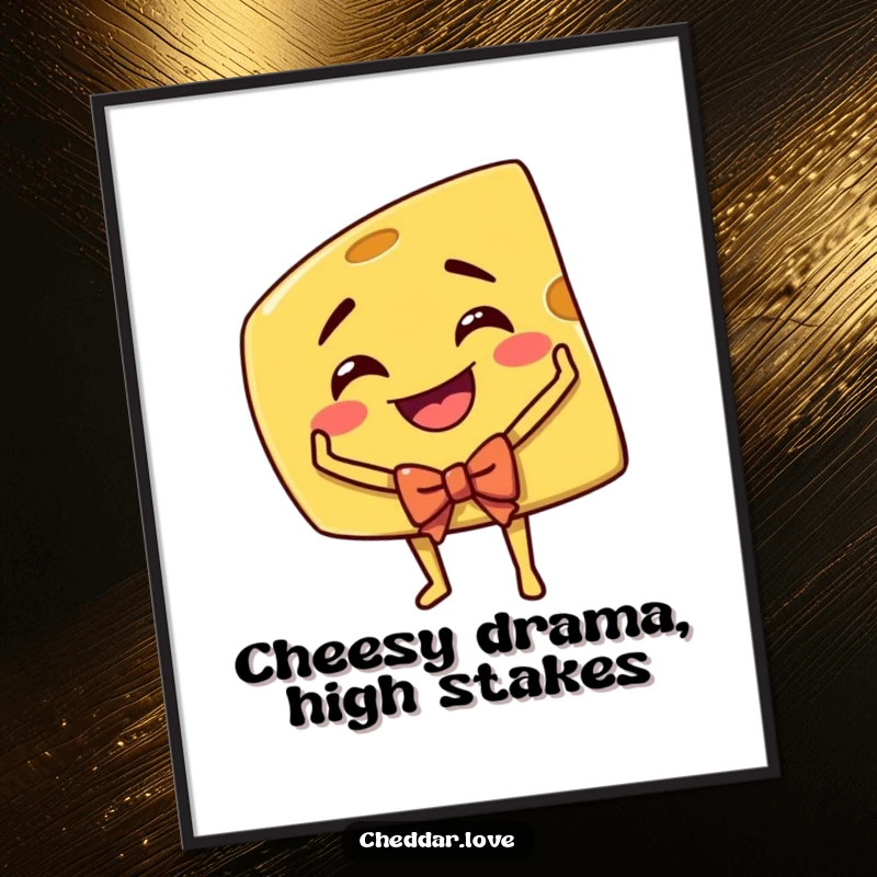 Funny Free Printable Wall Art: Grinning wedge of cheddar cheese taking a grand, dramatic theatrical bow.