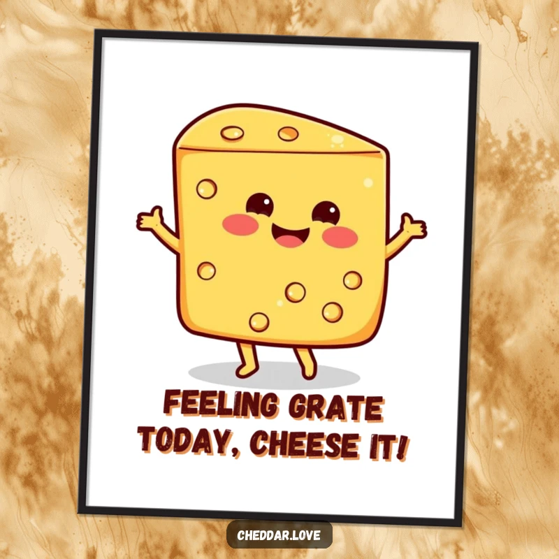 Funny Free Printable Wall Art: A smiling wedge of cheddar cheese joyfully doing a happy dance.