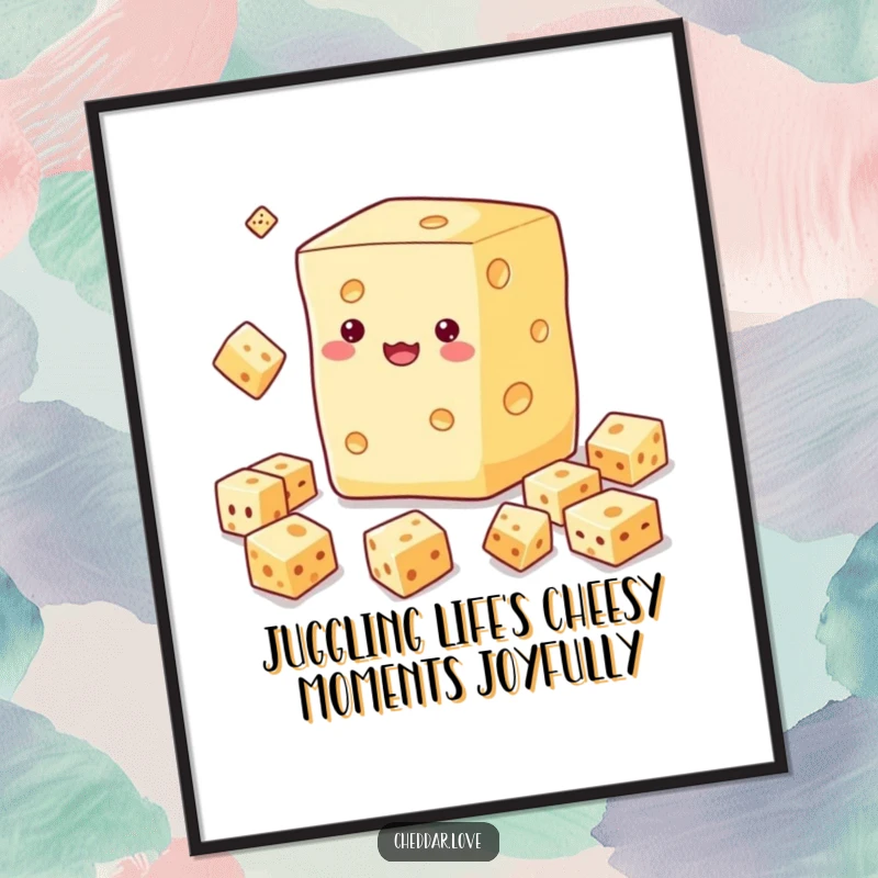 Funny Free Printable Wall Art of a cheese block expertly juggling smaller cubes, ideal for humorous DIY decor.