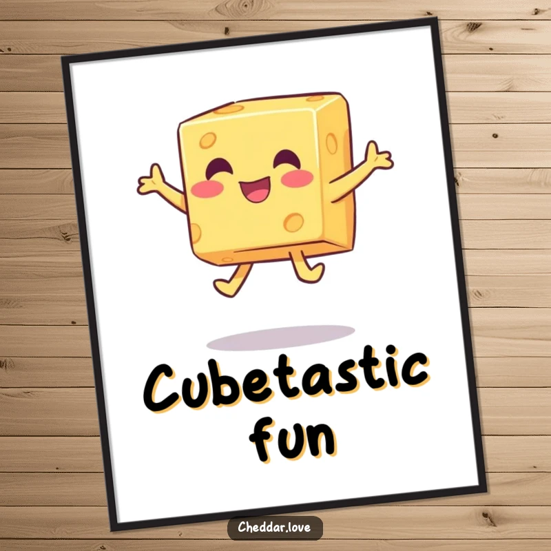 Funny Free Printable Wall Art: A happy cheese cube captured mid-playful jump, bringing energetic and quirky vibes.