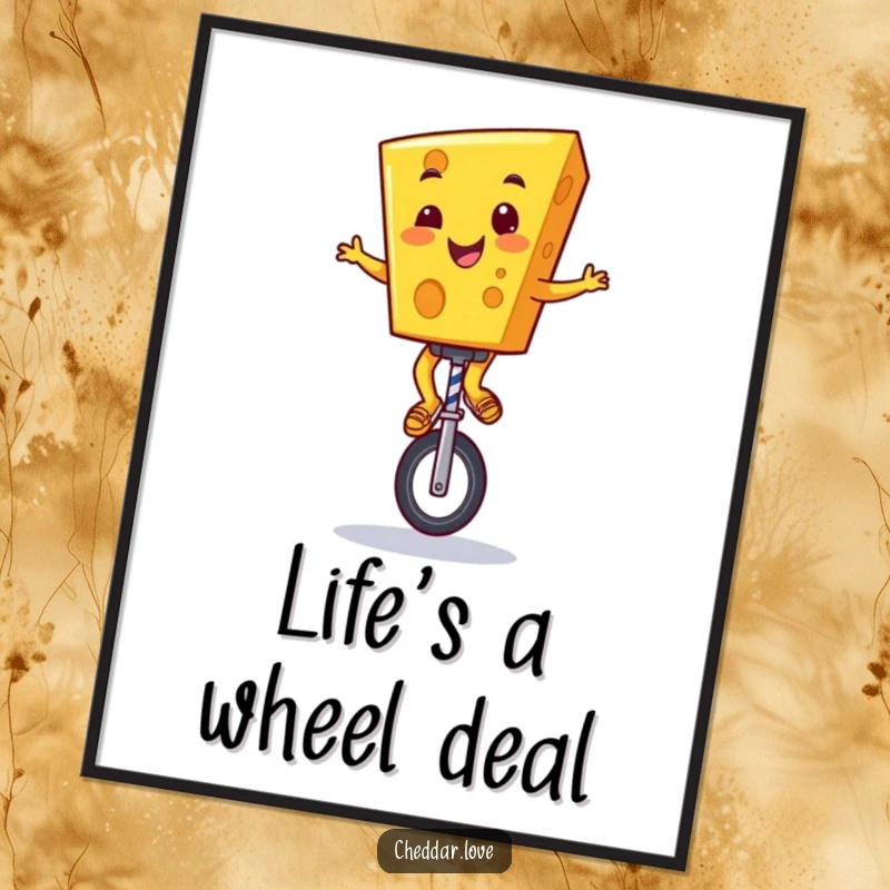Funny Free Printable Wall Art: Cheerful cheddar cheese character masterfully riding a unicycle with a wide grin.
