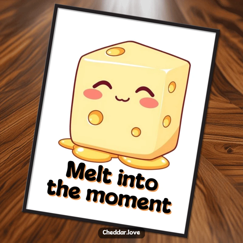 Funny Free Printable Wall Art: Happy block of cheese with eyes closed, blissfully melting, exuding pure joy and relaxation.