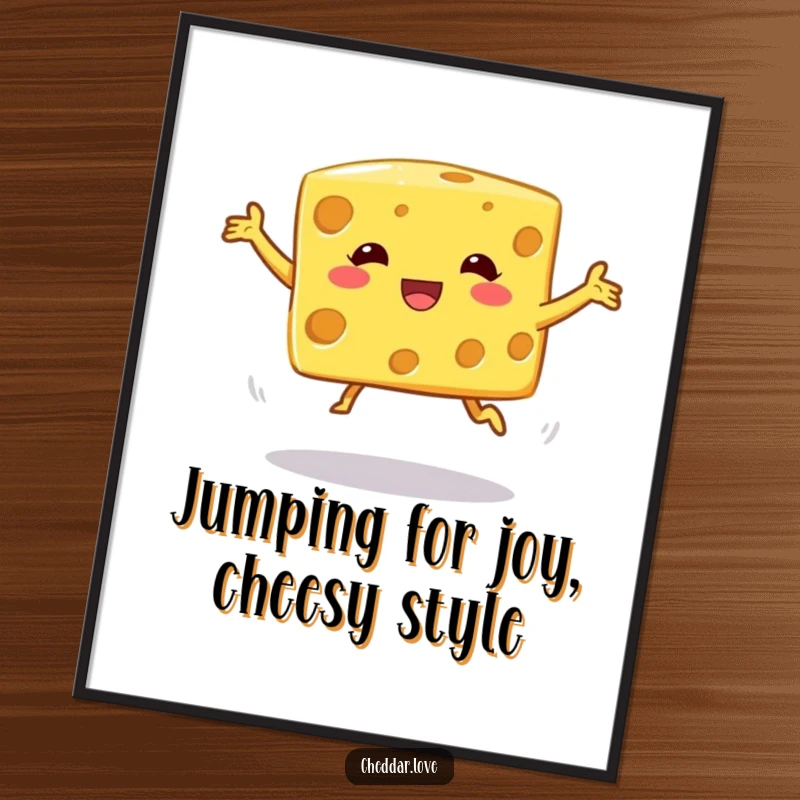 Funny Free Printable Wall Art: A cheese cube character mid-air, performing a silly and unbalanced, wobbly jump.