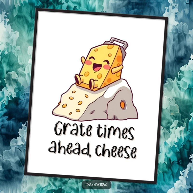 Free Printable Wall Art: Happy cheddar cheese character gleefully sliding down a cheese grater mountain, capturing thrilling fun.
