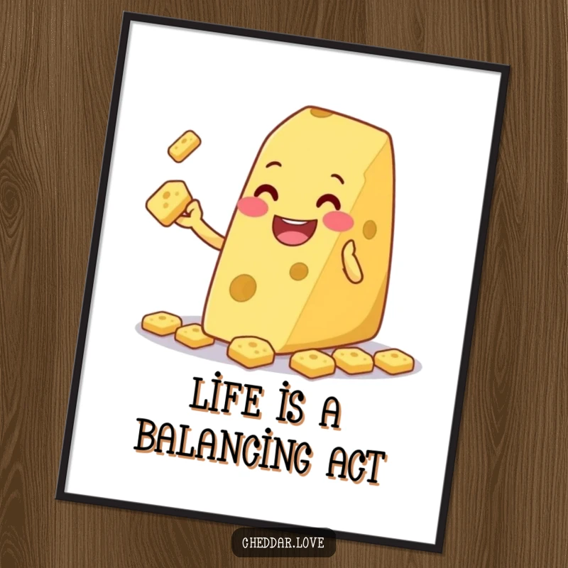 Funny Free Printable Wall Art: A grinning wedge of cheese playfully juggling tiny crackers, a whimsical scene.