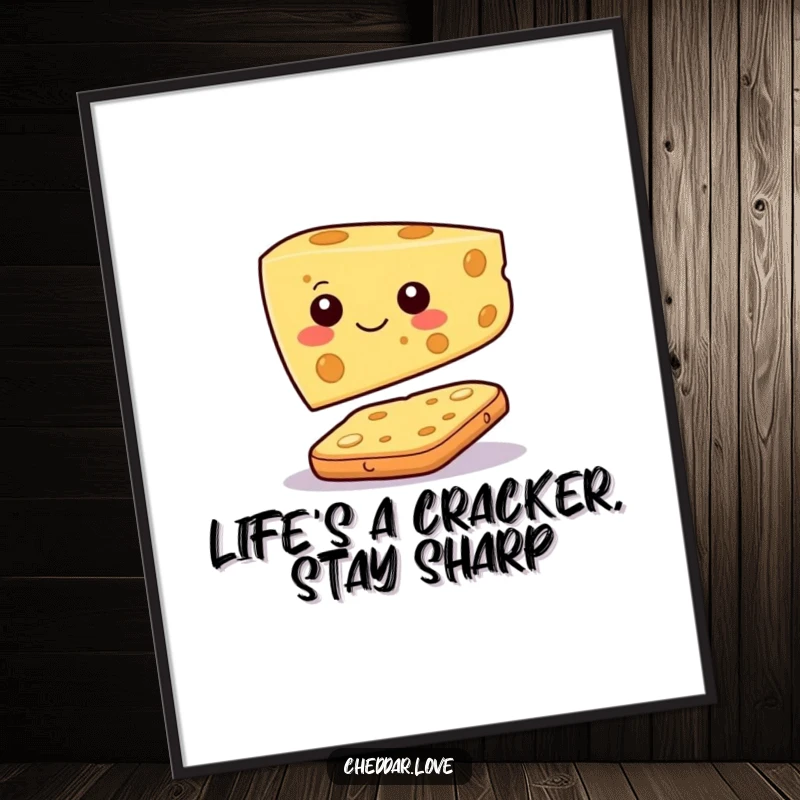 Funny Free Printable Wall Art: A happy cheese slice with a face balancing precariously on a cracker, quirky and fun decor.