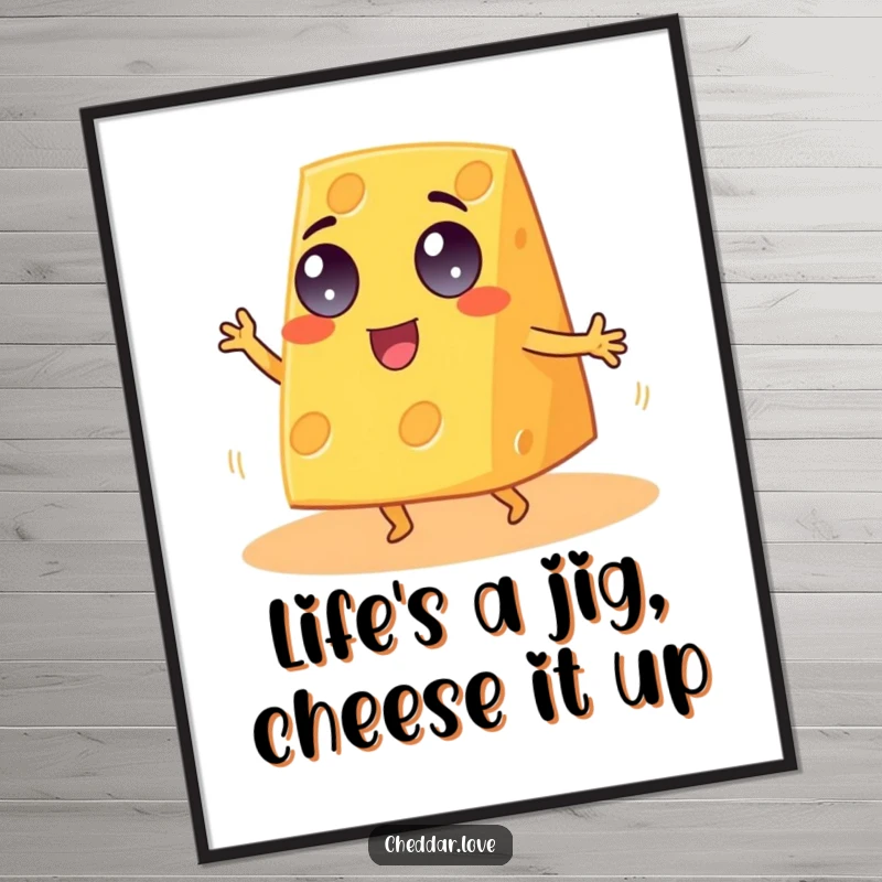 Free Printable Wall Art: Googly-eyed cheddar cheese wedge performing an energetic and joyful dancing jig, adding humor to decor.