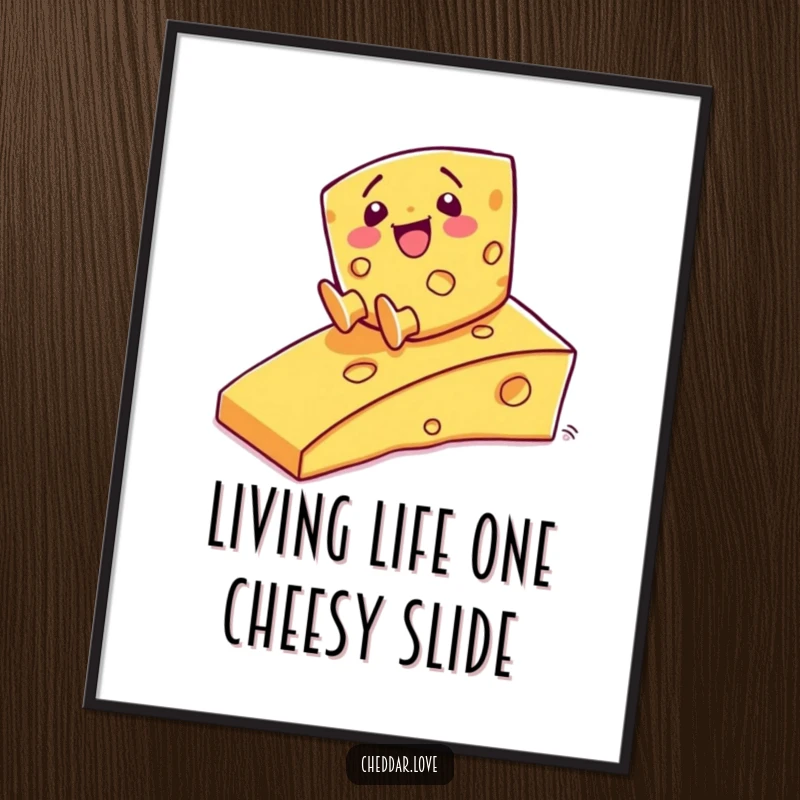 Funny Free Printable Wall Art: A happy cheese character gleefully sliding down a ramp made entirely of cheese.
