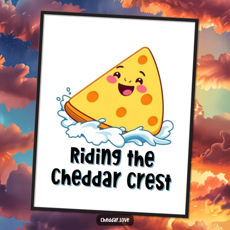 Free Printable Wall Art: Grinning cheddar cheese wedge confidently surfing a vibrant, cheesy wave, bringing beachy fun indoors.