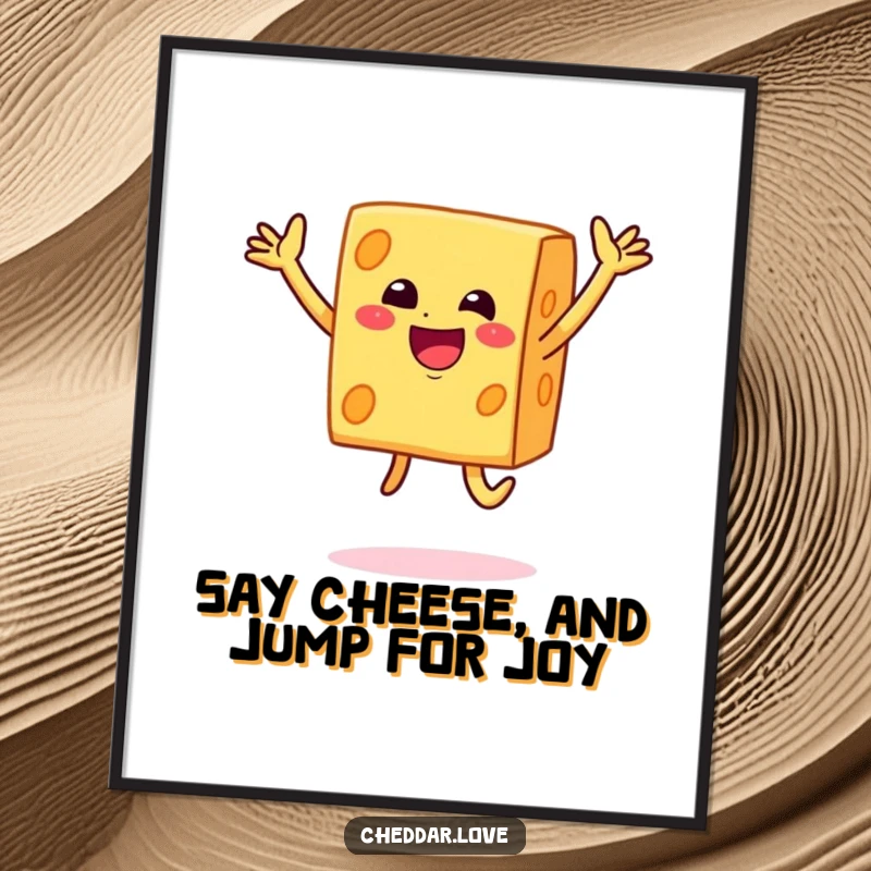 Funny Free Printable Wall Art: A smiling block of cheddar cheese does a big, joyful jump in celebration.
