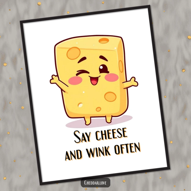 Funny Free Printable Wall Art: A block of cheese strikes a silly pose and gives a cheerful wink.