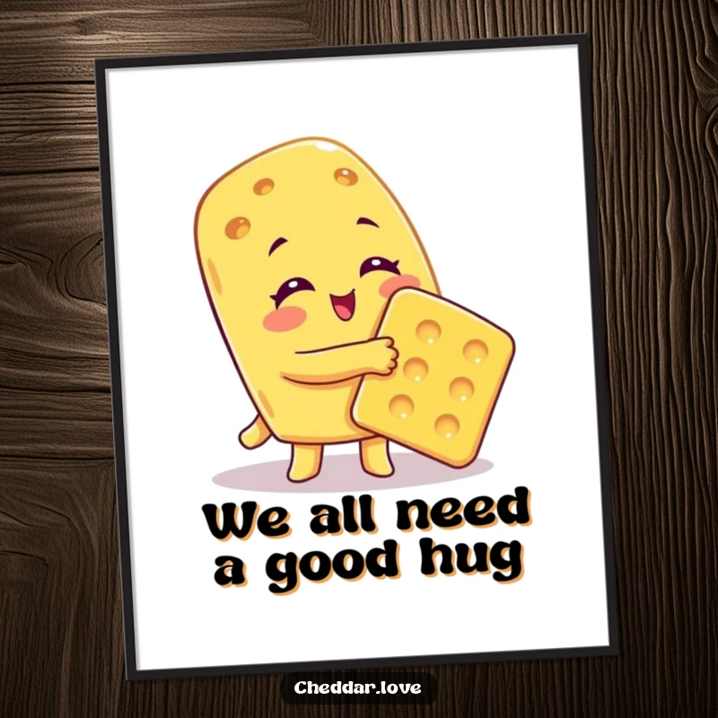 Funny free printable wall art showing a cheese character giving a big, warm, affectionate hug to a cracker.