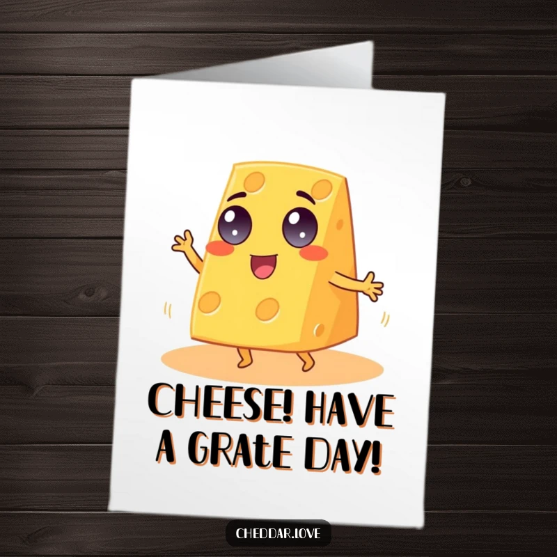 Funny Free Printable Birthday Card: Googly-eyed cheddar cheese wedge doing a joyful, energetic jig, spreading birthday cheer.