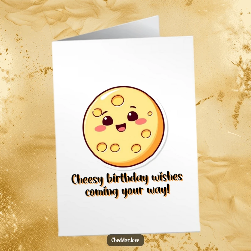 Funny Free Printable Birthday Card: A round cheese slice joyfully bounces like a ball, spreading cheesy birthday wishes.