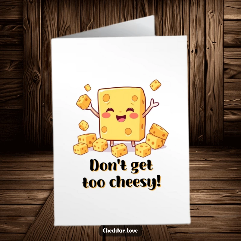 Funny Free Printable Birthday Card: Smiling cheddar cheese block enthusiastically juggling smaller cheese cubes, celebrating with joy.
