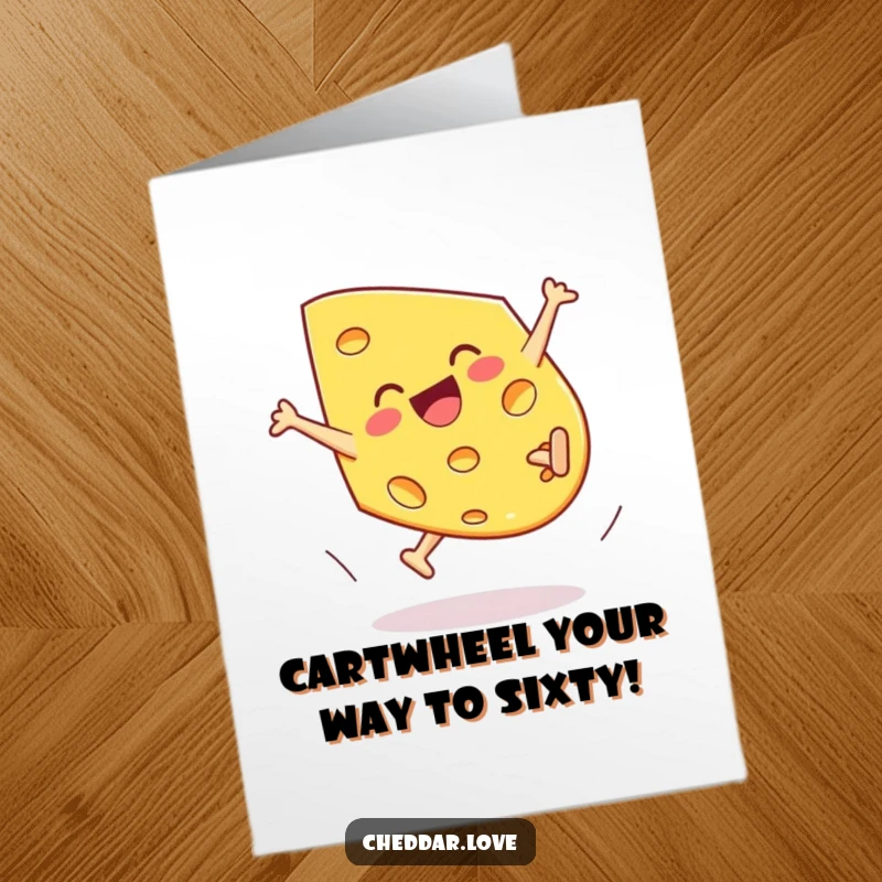 Funny Free Printable Birthday Card: Cheddar cheese wedge mid-cartwheel with legs in the air and a look of pure joy.
