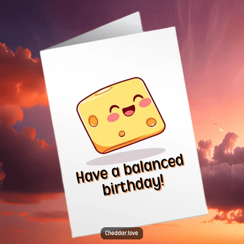 Funny Free Printable Birthday Card: A block of cheese joyfully balancing perfectly on its corner, celebrating.
