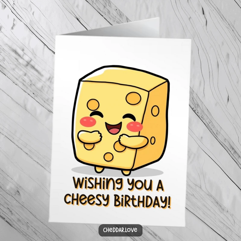 Funny Free Printable Birthday Card: A happy cheese slice enthusiastically offering a cheesy hug, a delightful and humorous birthday card.
