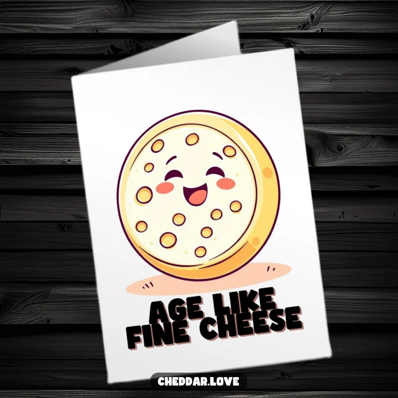 Funny Free Printable Birthday Card: A happy cheese wheel rolls downhill with an expression of pure delight.