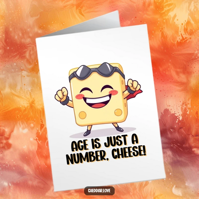 Funny Free Printable Birthday Card featuring a grinning cheese cube in a superhero landing pose, ready to deliver birthday cheer.