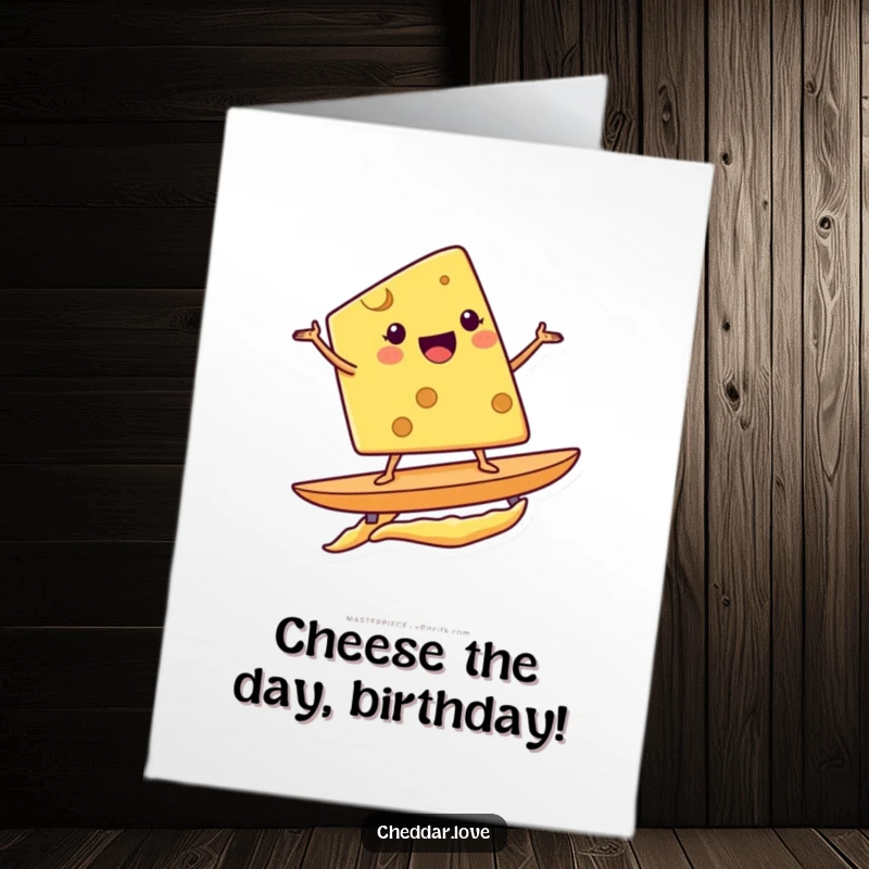 Funny Free Printable Birthday Card: Smiling cheese wedge joyfully surfs a potato chip, bringing coastal vibes to your celebration.