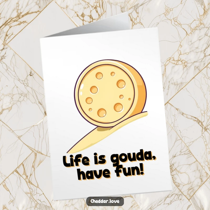 Funny Free Printable Birthday Card: A happy wheel of cheese joyfully rolling down a hill, ready to celebrate.
