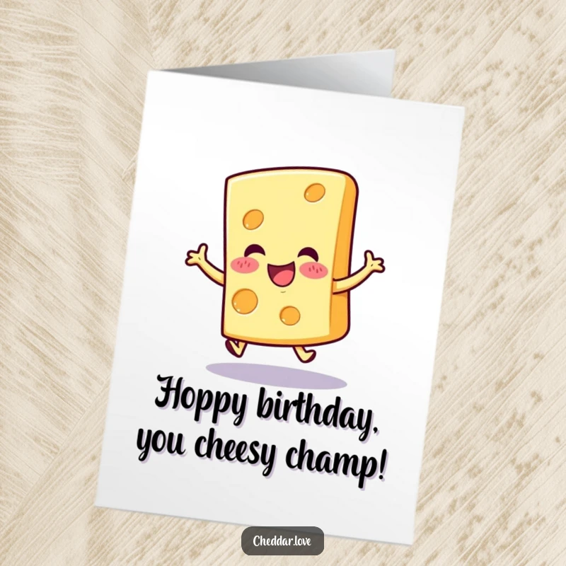 Funny Free Printable Birthday Card featuring a cheerful cheese slice doing a joyful hop, spreading birthday excitement.