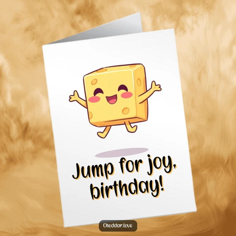 Funny Free Printable Birthday Card: A happy cheese cube mid-air, performing a playful jump with excitement for the birthday.