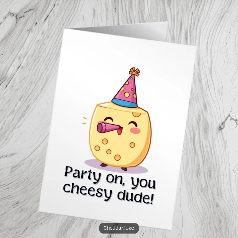 Funny Free Printable Birthday Card: A cheese wheel in a party hat, joyfully blowing a noisemaker for a birthday bash.