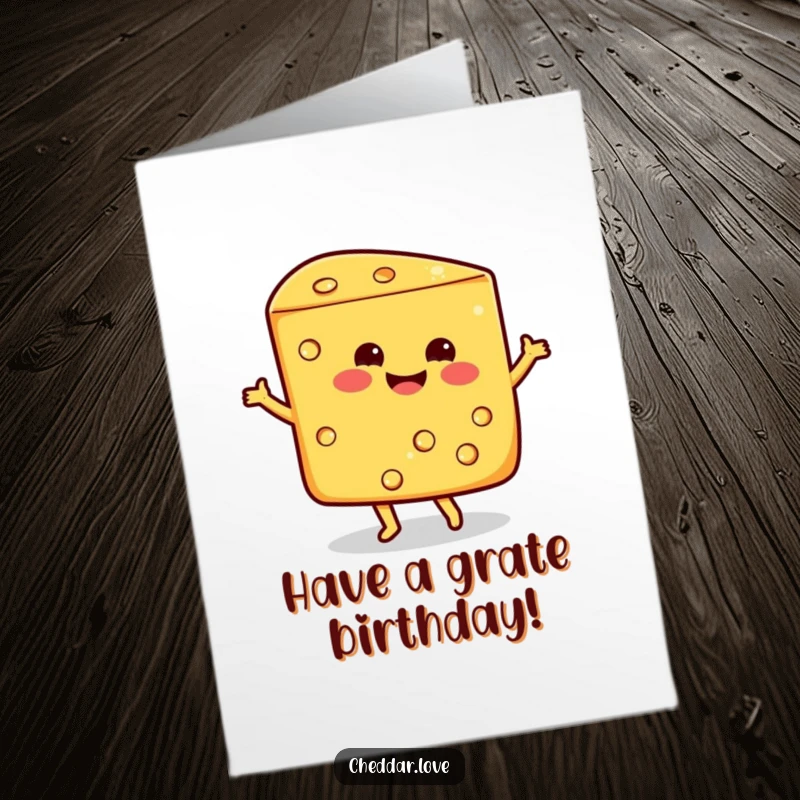 Funny Free Printable Birthday Card: Smiling wedge of cheddar cheese doing a happy dance for a birthday.