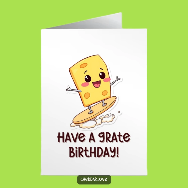 Free Printable Birthday Card: Surfing Cheese Wedge Funny Downloadable Greeting for Parties