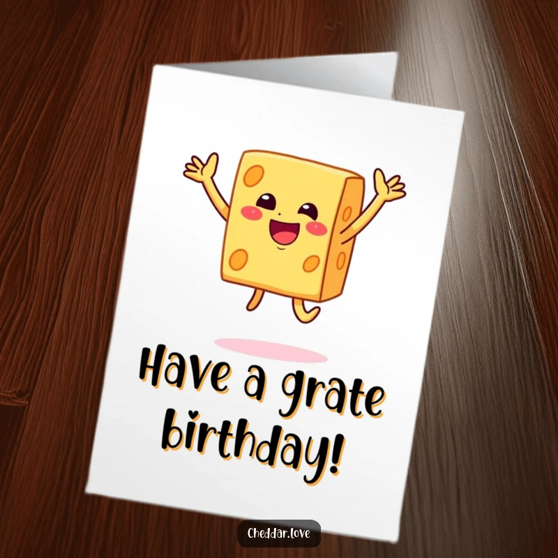 Funny Free Printable Birthday Card: A happy block of cheddar cheese jumps joyfully to celebrate a birthday occasion.