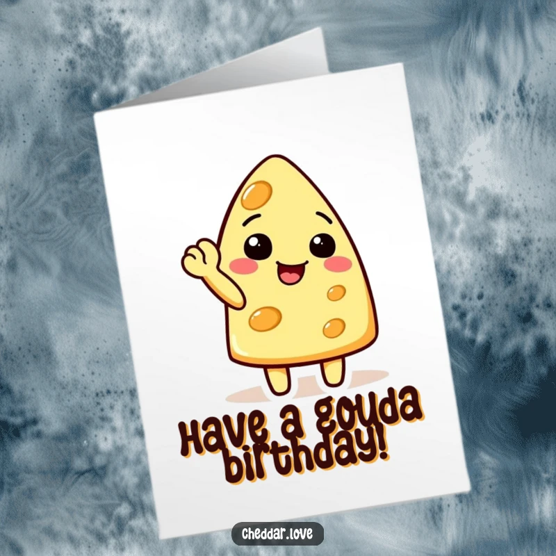 Funny Free Printable Birthday Card: Cheerful cheese character waving with a raised corner, ready to celebrate.