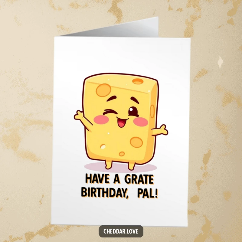Funny Free Printable Birthday Card: A block of cheese strikes a silly pose and gives a cheerful wink.