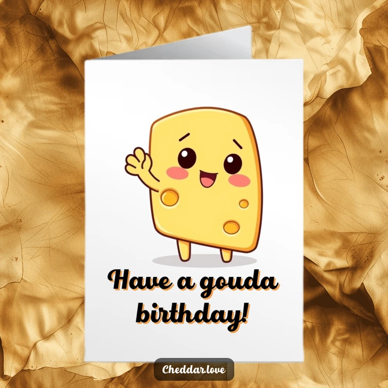 Funny free printable birthday card: A happy wedge of cheese is enthusiastically waving hello, ready to celebrate.