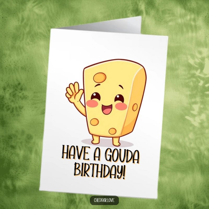 Funny Free Printable Birthday Card: A block of sentient cheese pumps its fist in the air, enthusiastically wishing you a happy birthday.