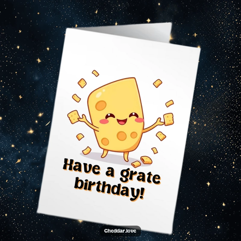 Funny Free Printable Birthday Card: A smiling cheese character skillfully juggling small crackers with a happy expression.