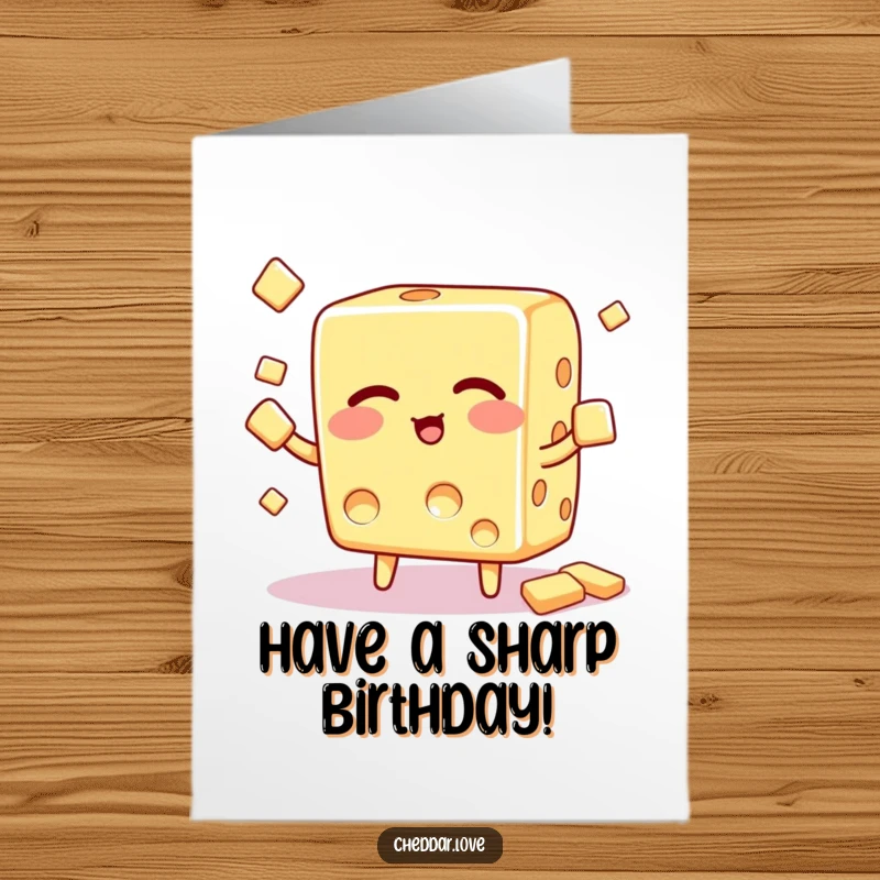 Funny Free Printable Birthday Card featuring a winking cheese cube skillfully juggling small crackers, ready to celebrate.