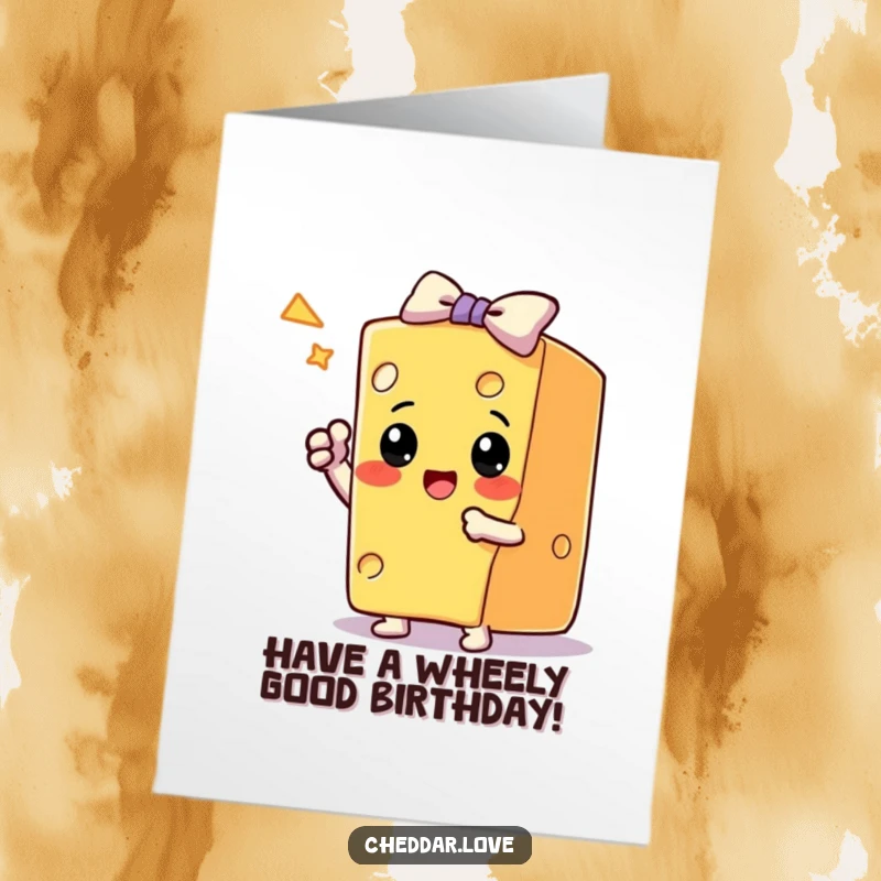 Funny Free Printable Birthday Card: a block of cheese takes a triumphant bow after a fantastic trick, celebrating.