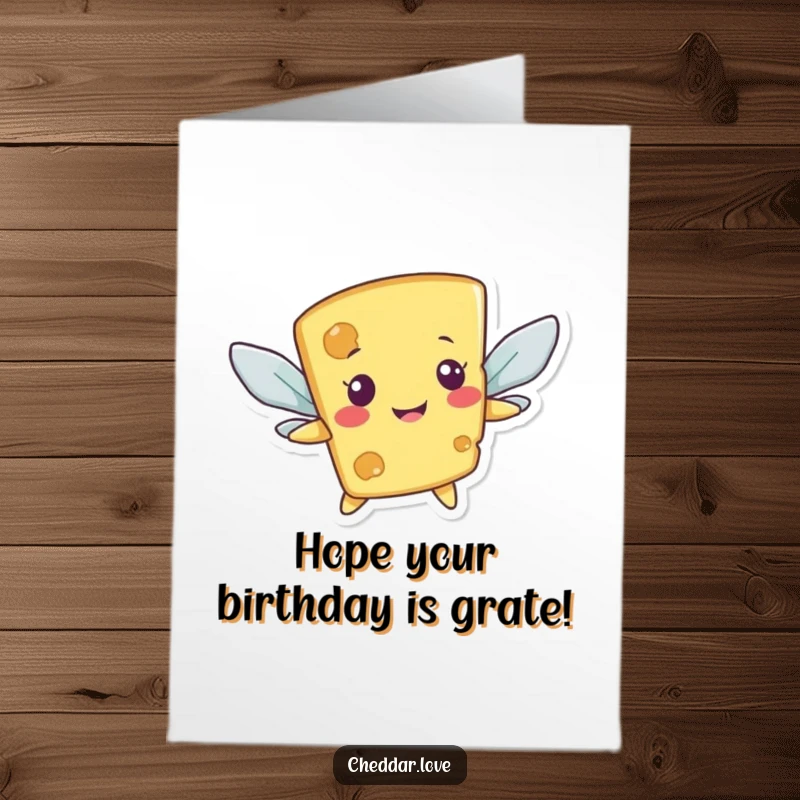 Funny Free Printable Birthday Card: Smiling cheese character awkwardly flying with cracker wings, humorous celebration.