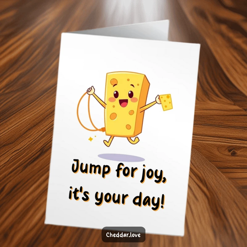Funny Free Printable Birthday Card: Happy cheddar cheese character enthusiastically jumping rope made of cheese.