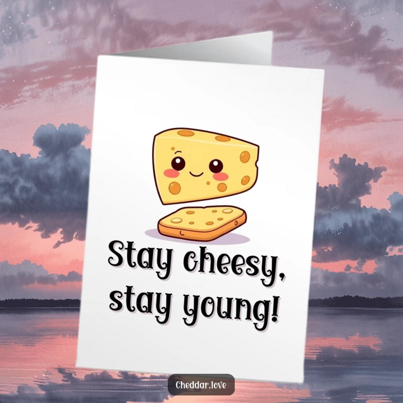 Funny Free Printable Birthday Card: Happy cheese slice balancing on a cracker, a humorous and sweet birthday wish.