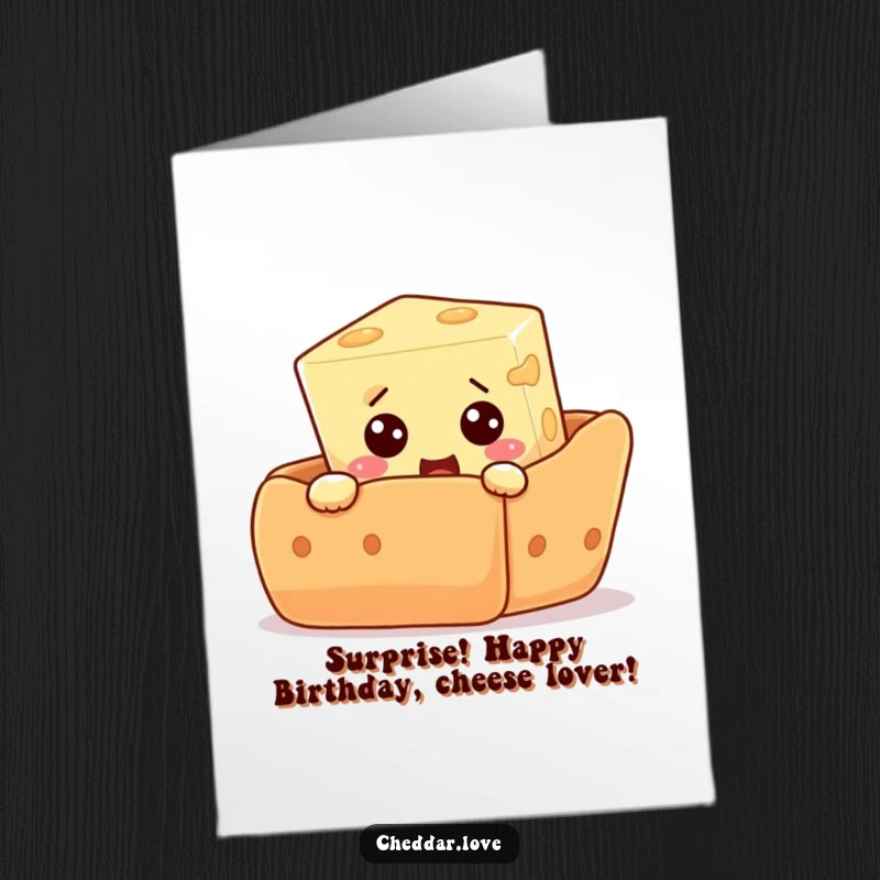 Funny Free Printable Birthday Card: A curious cheese cube peeking from behind a giant cracker, with a look of surprise.