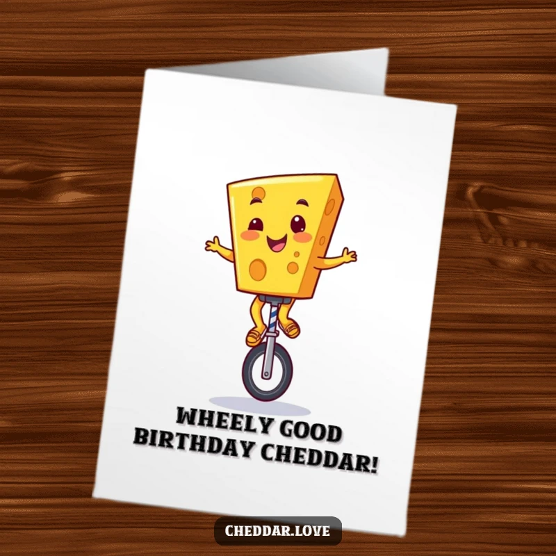 Funny Free Printable Birthday Card: Cheerful cheddar cheese character joyfully unicycling with a big grin.