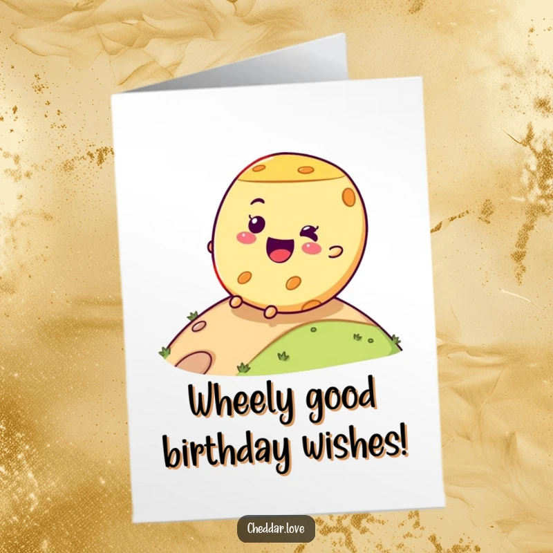 Funny Free Printable Birthday Card: A delighted cheese wheel tumbles downhill, spreading birthday cheer. Hilarious and downloadable.