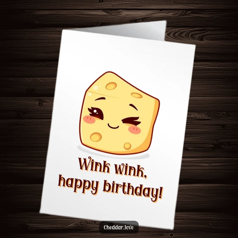 Funny free printable birthday card with a small, mischievous cheese chunk winking slyly with a grin.