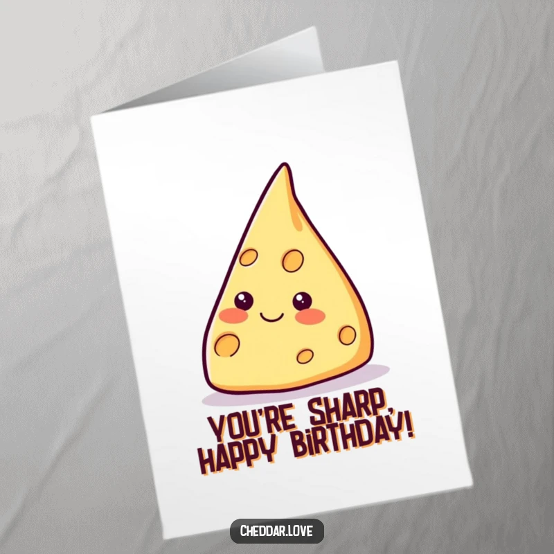 Funny Free Printable Birthday Card featuring a smiling cheese wedge dramatically pointing upwards, celebrating dreams and birthday wishes.